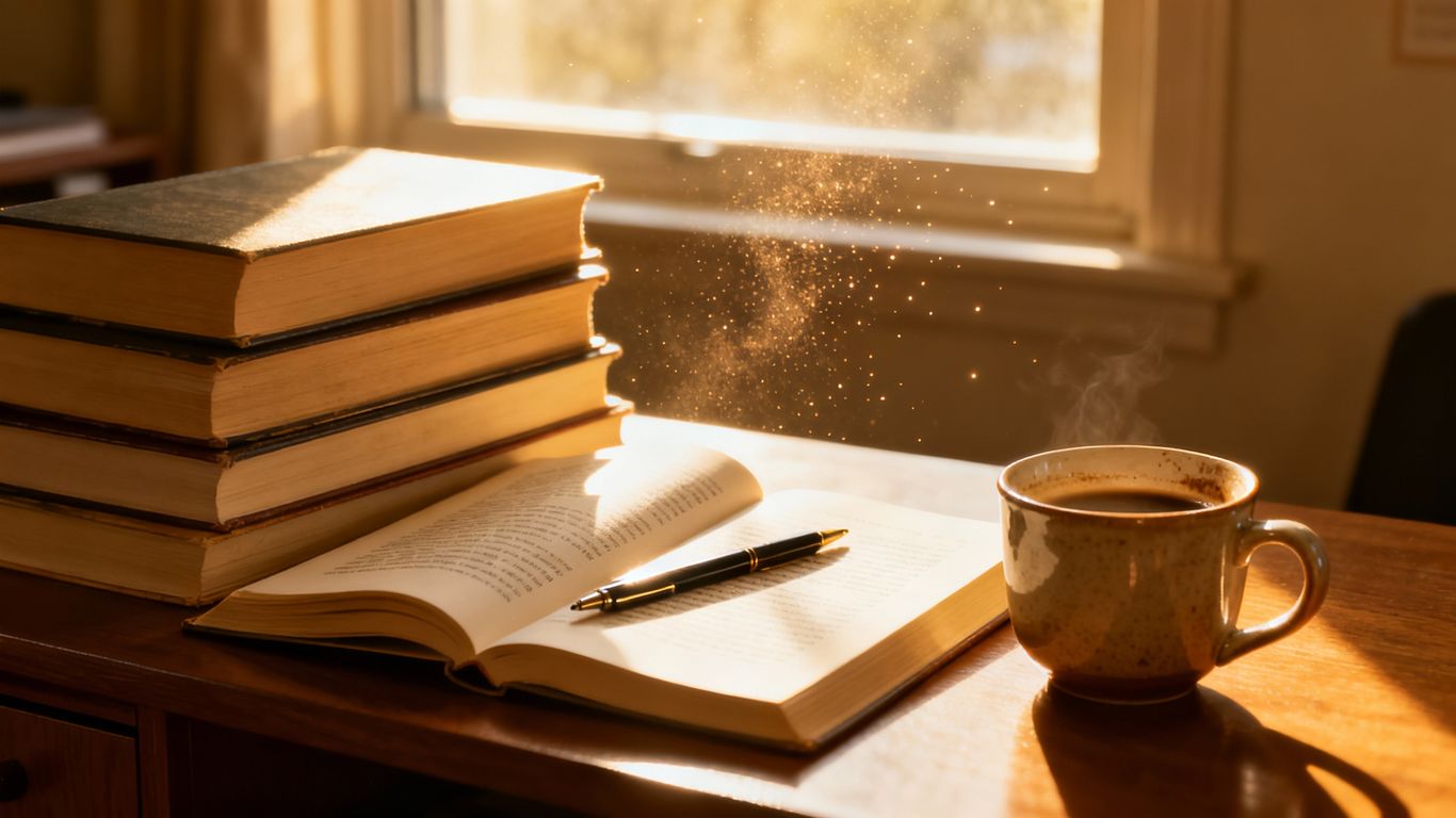 Stack of books on a desk with coffee and pen.