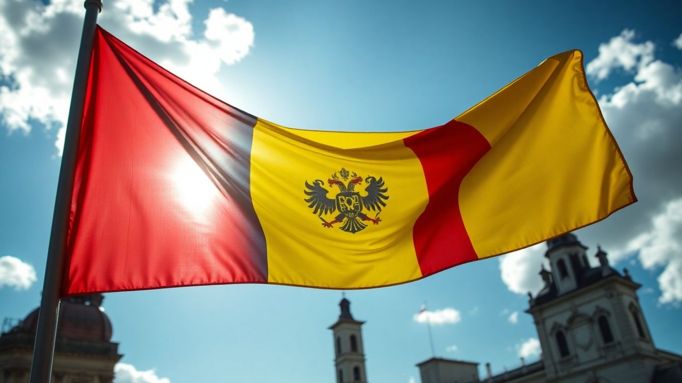 Steagul României pe fundal istoric, luminat de soare.