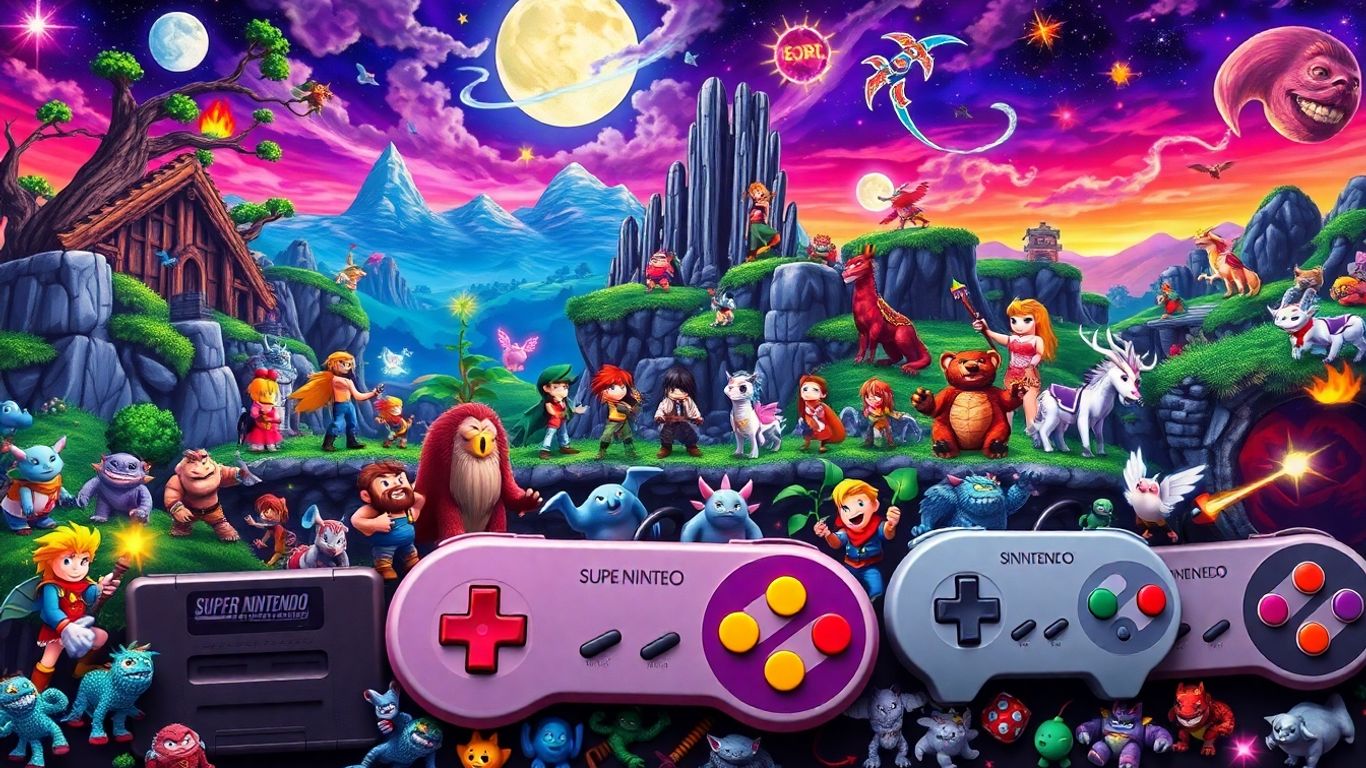 Classic SNES RPG fantasy characters and magical pixel landscapes