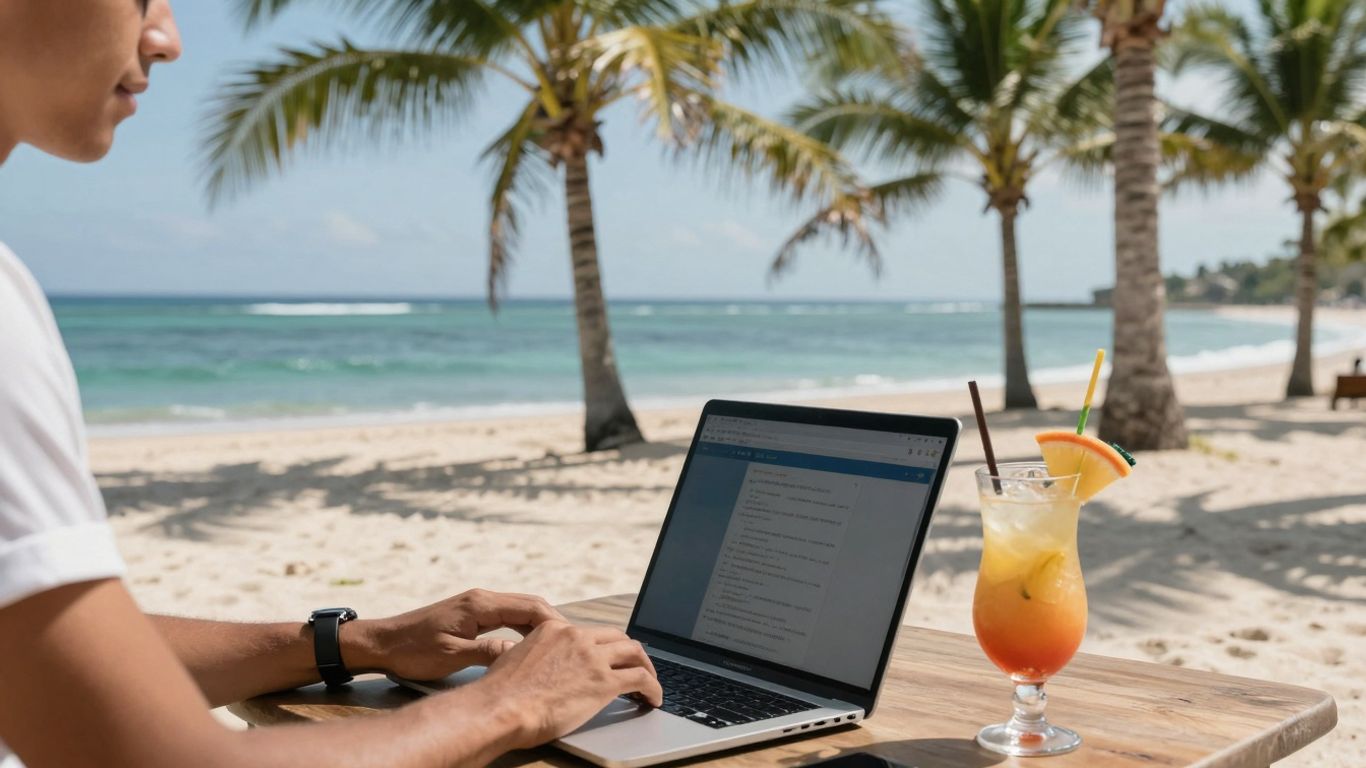 Russian citizen working remotely on a laptop in Bali.