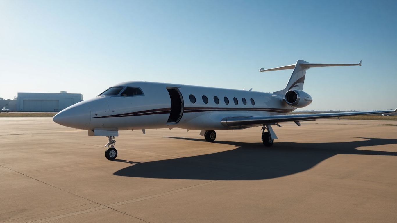 Private jet parked on airport tarmac.