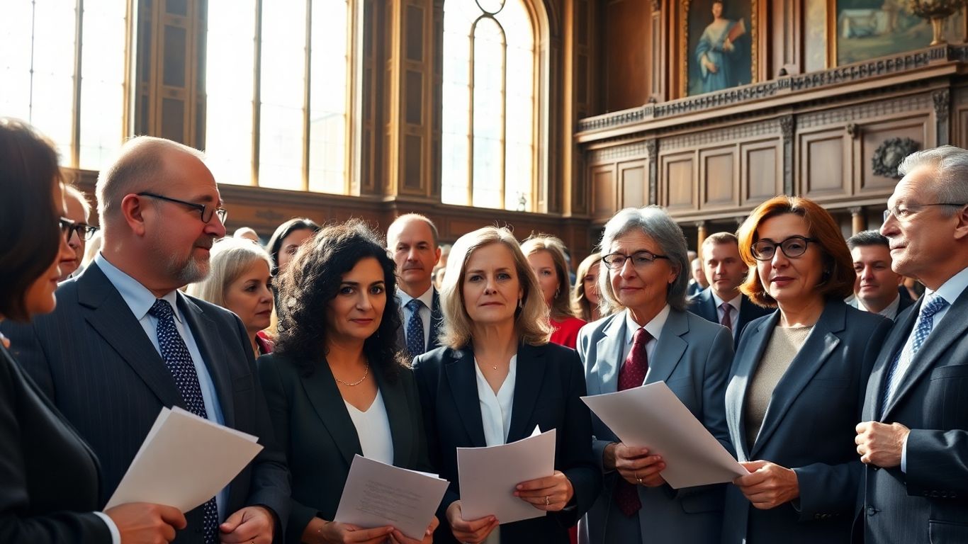 Députés débattant dans un hémicycle parlementaire.