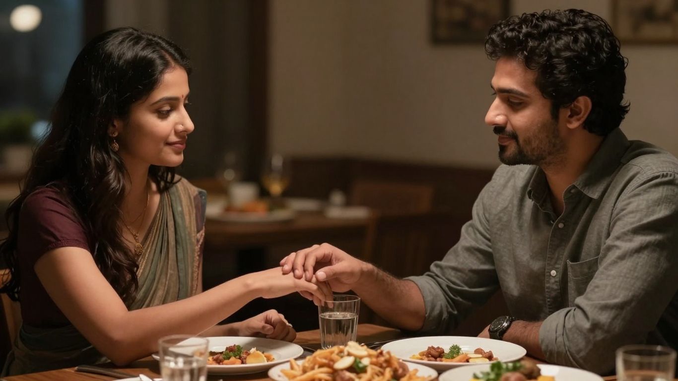 Couple reconciling at a dinner table.