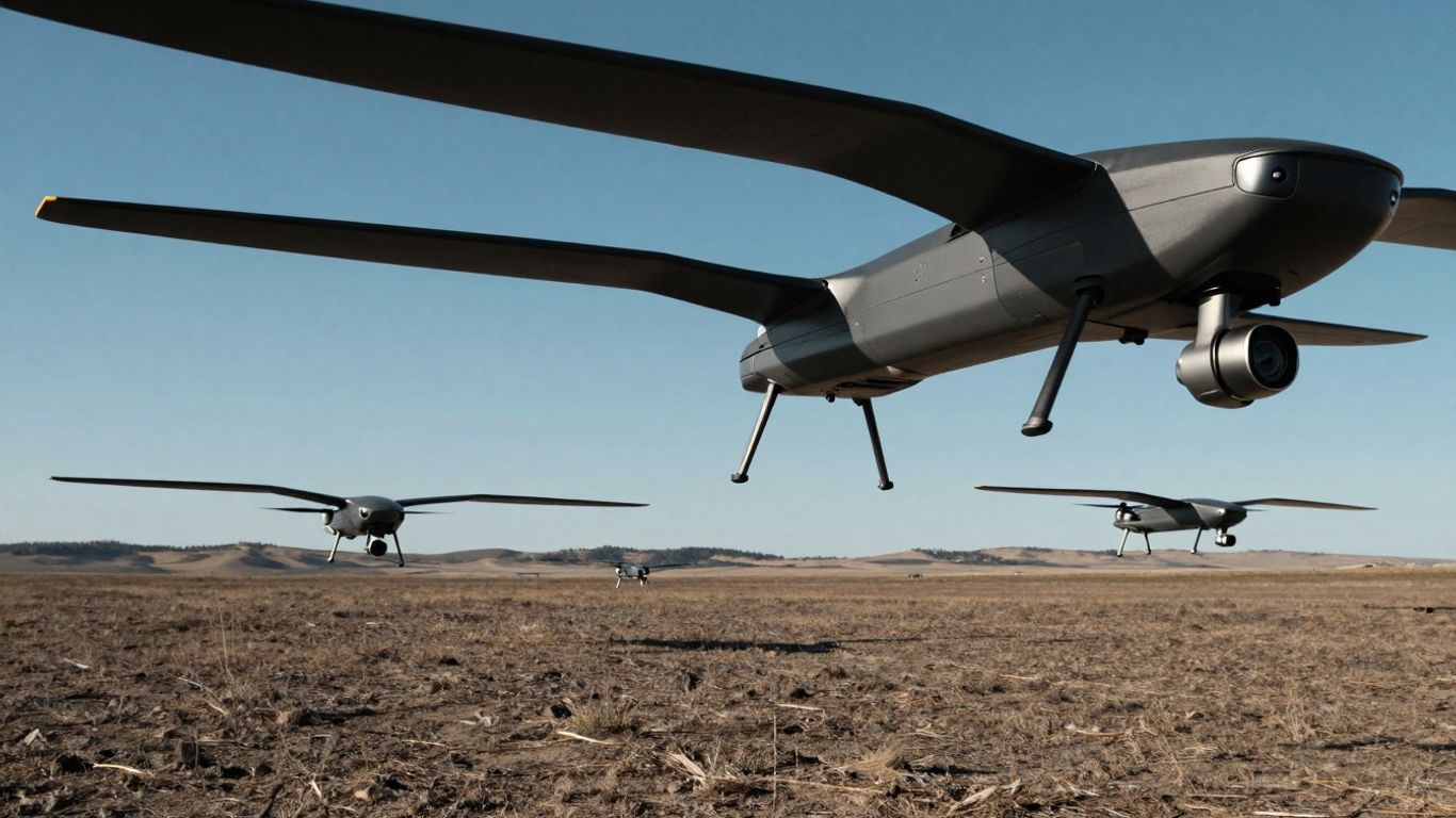 Drones with large wingspans flying in a clear blue sky.
