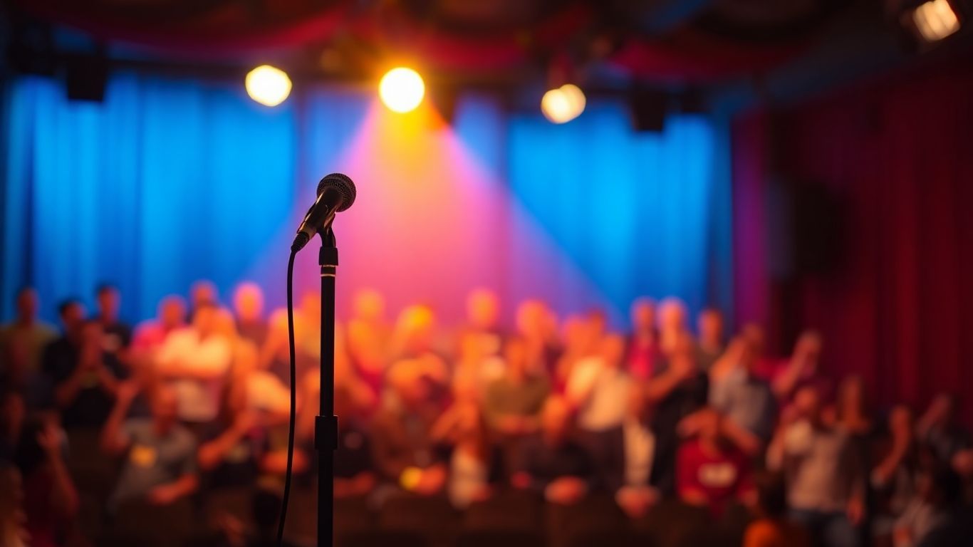 Empty comedy stage with spotlight on microphone