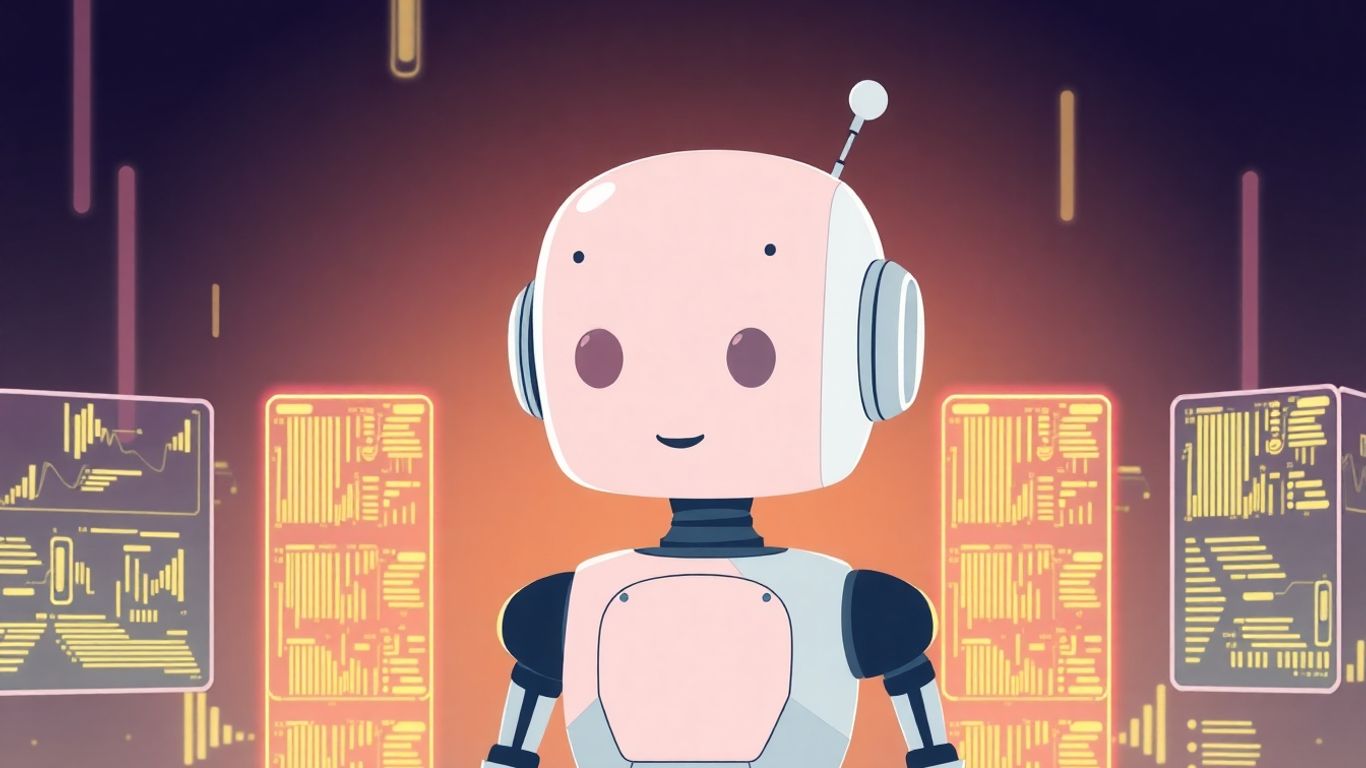 Robot analyzing competitor data on screens.