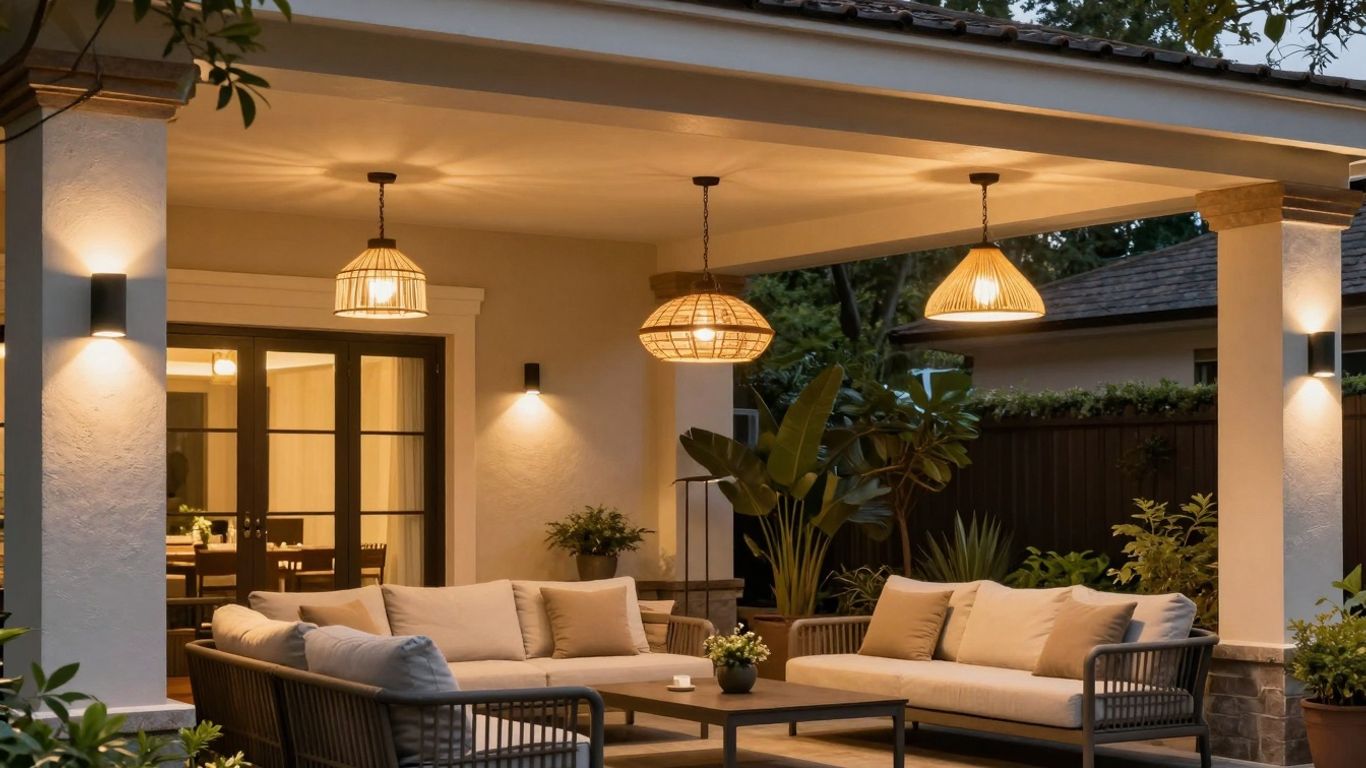 Various outdoor ceiling lights illuminating a patio at dusk.