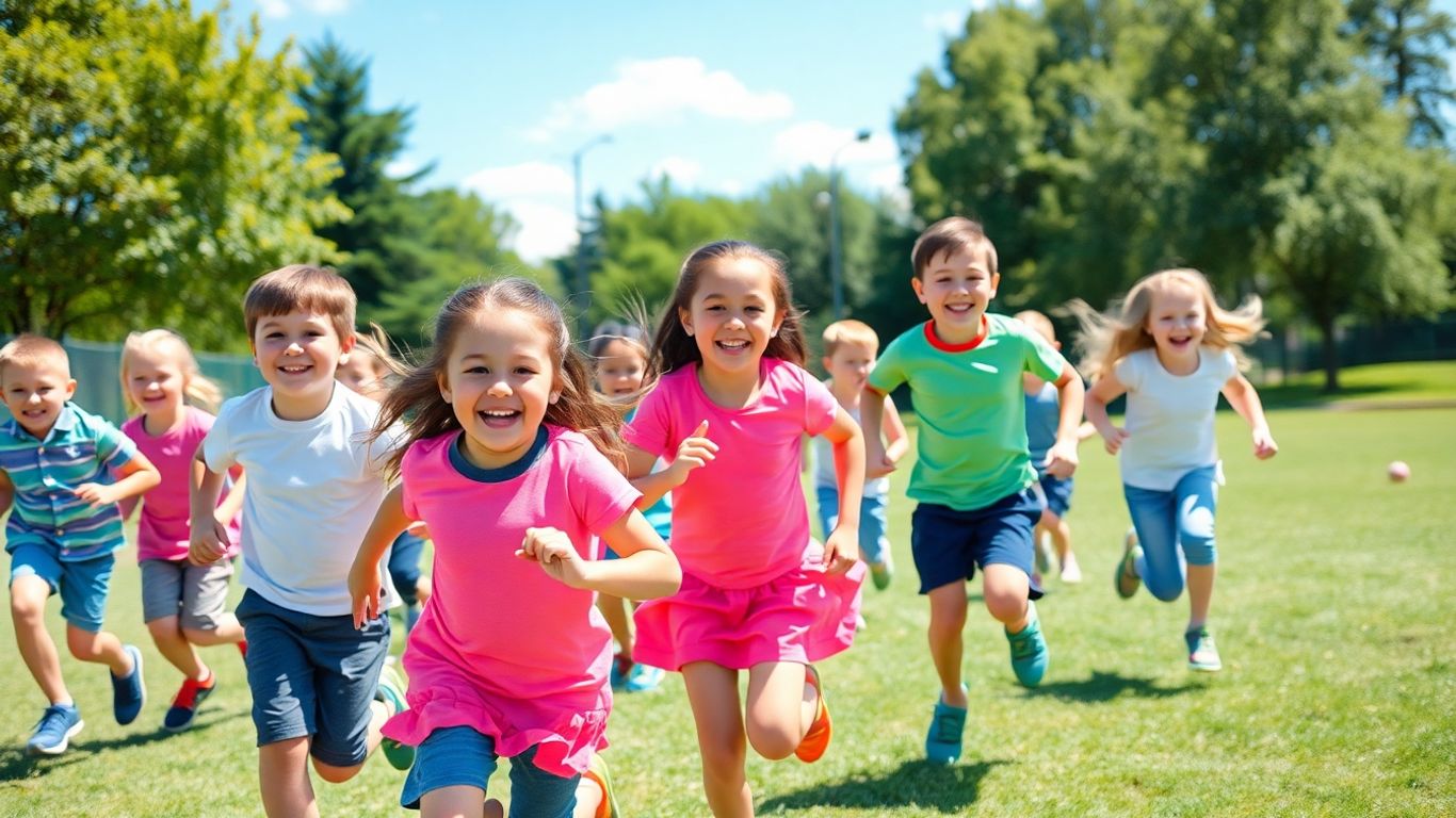 Kinder spielen und bewegen sich fröhlich im Freien.