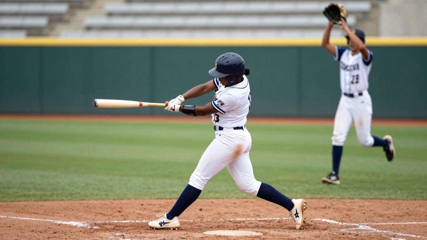 Softball player swinging bat during a game.