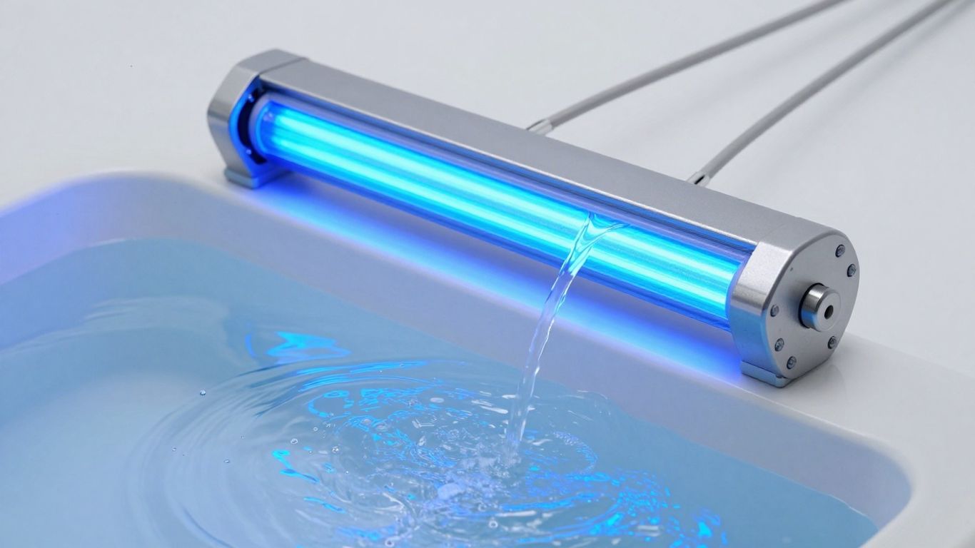 Advanced UV water disinfection system with glowing blue light.