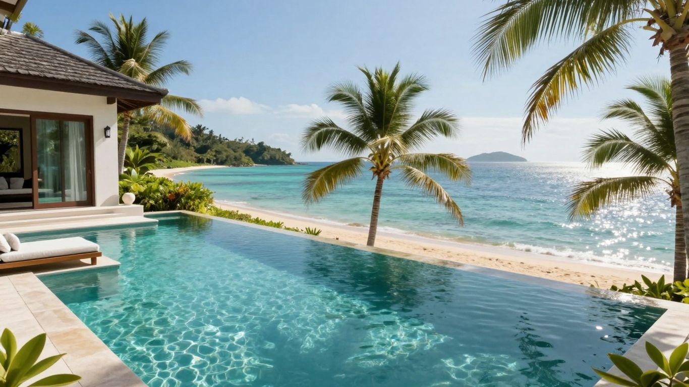 Luxury villa with infinity pool overlooking a tropical sea.