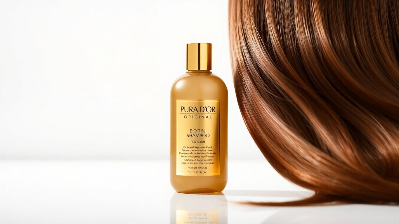 Pura D'or Gold Label Biotin Shampoo bottle with healthy hair.