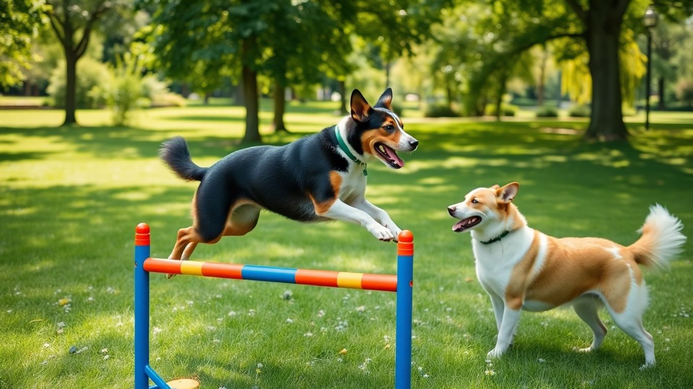 Dog jumping over agility equipment in a park.