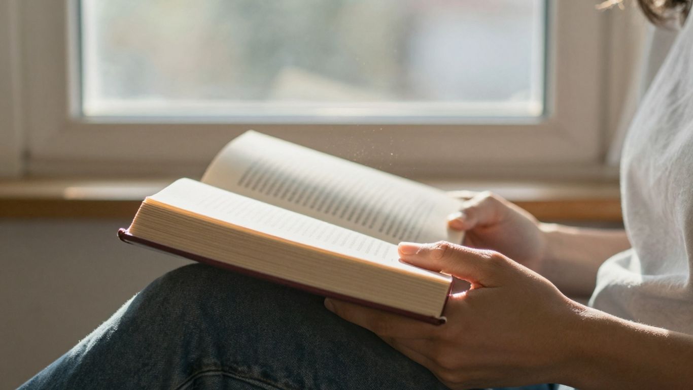 Persoană citind o carte în lumină caldă.