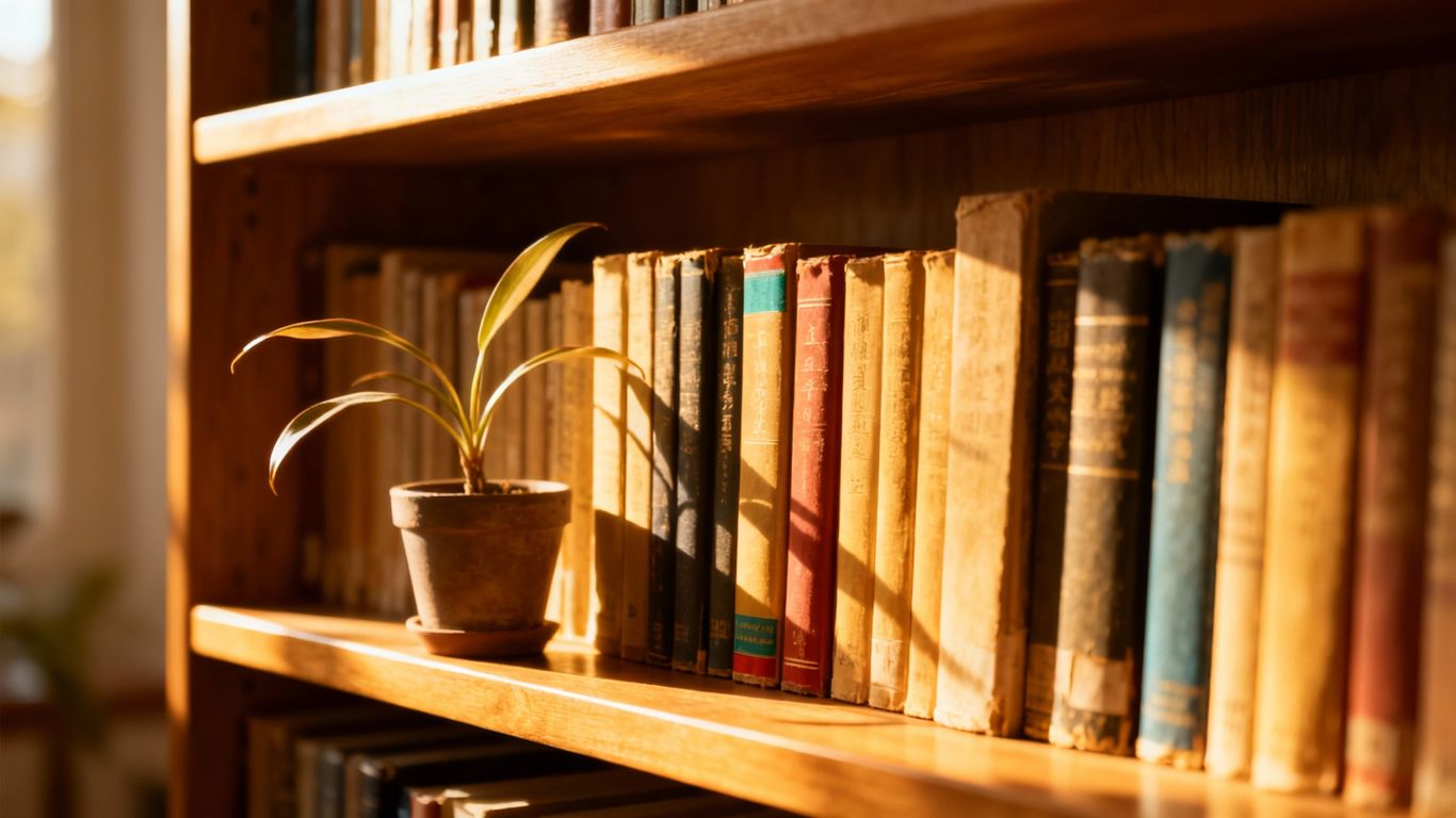 Bookshelf with personal growth and mindfulness books.