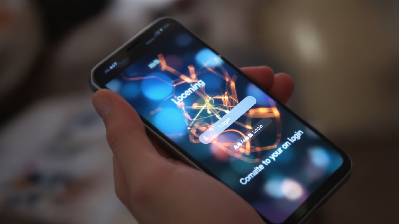 Hand holding smartphone with glowing digital interface.