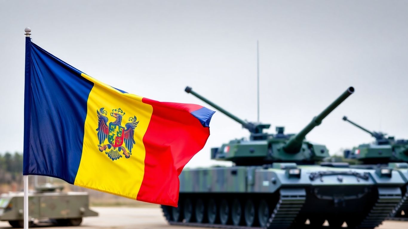 Steagul României și echipament militar modern.