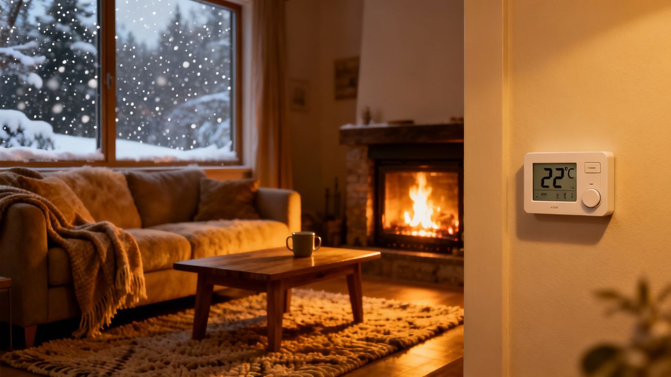 Cozy living room with thermostat, snow outside, and fireplace.