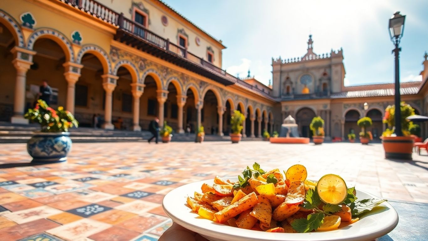 Cordoba plaza with tapas and Moorish architecture.