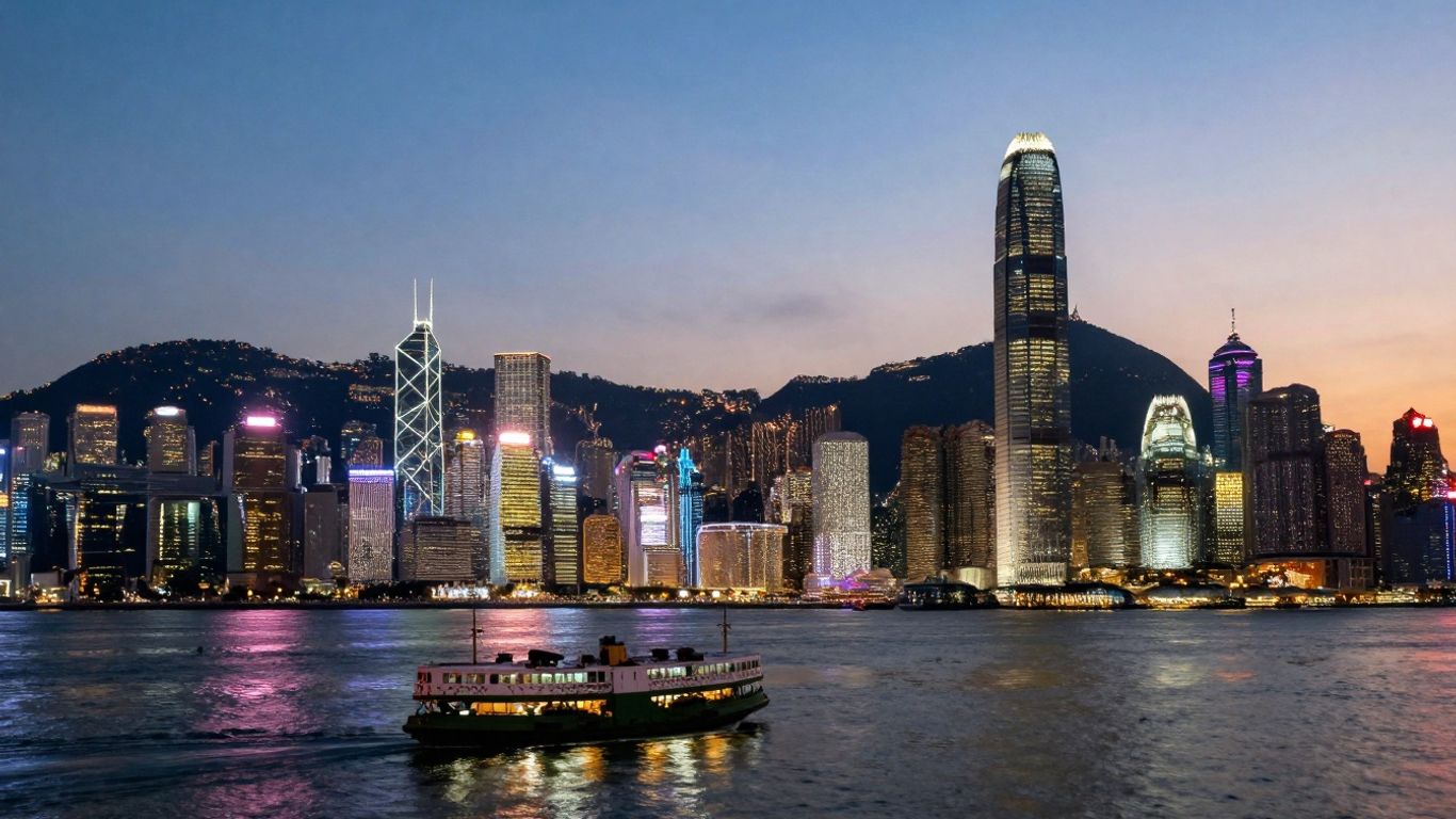 Hong Kong skyline at dusk with illuminated skyscrapers and harbor.