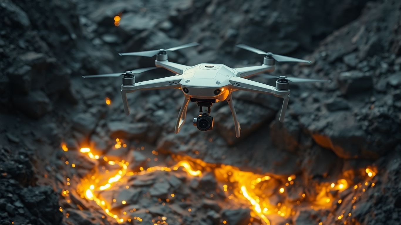 AI drone scanning rocky terrain for hidden metal deposits.