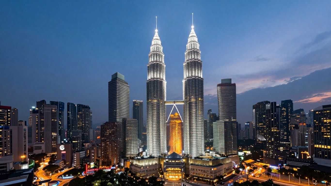 Kuala Lumpur skyline with Petronas Twin Towers at dusk.