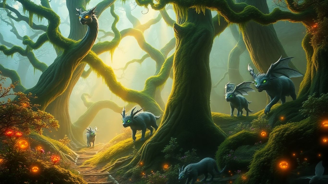 ภาพแฟนตาซีในป่าลึกลับ แสงสวยงาม สัตว์วิเศษ