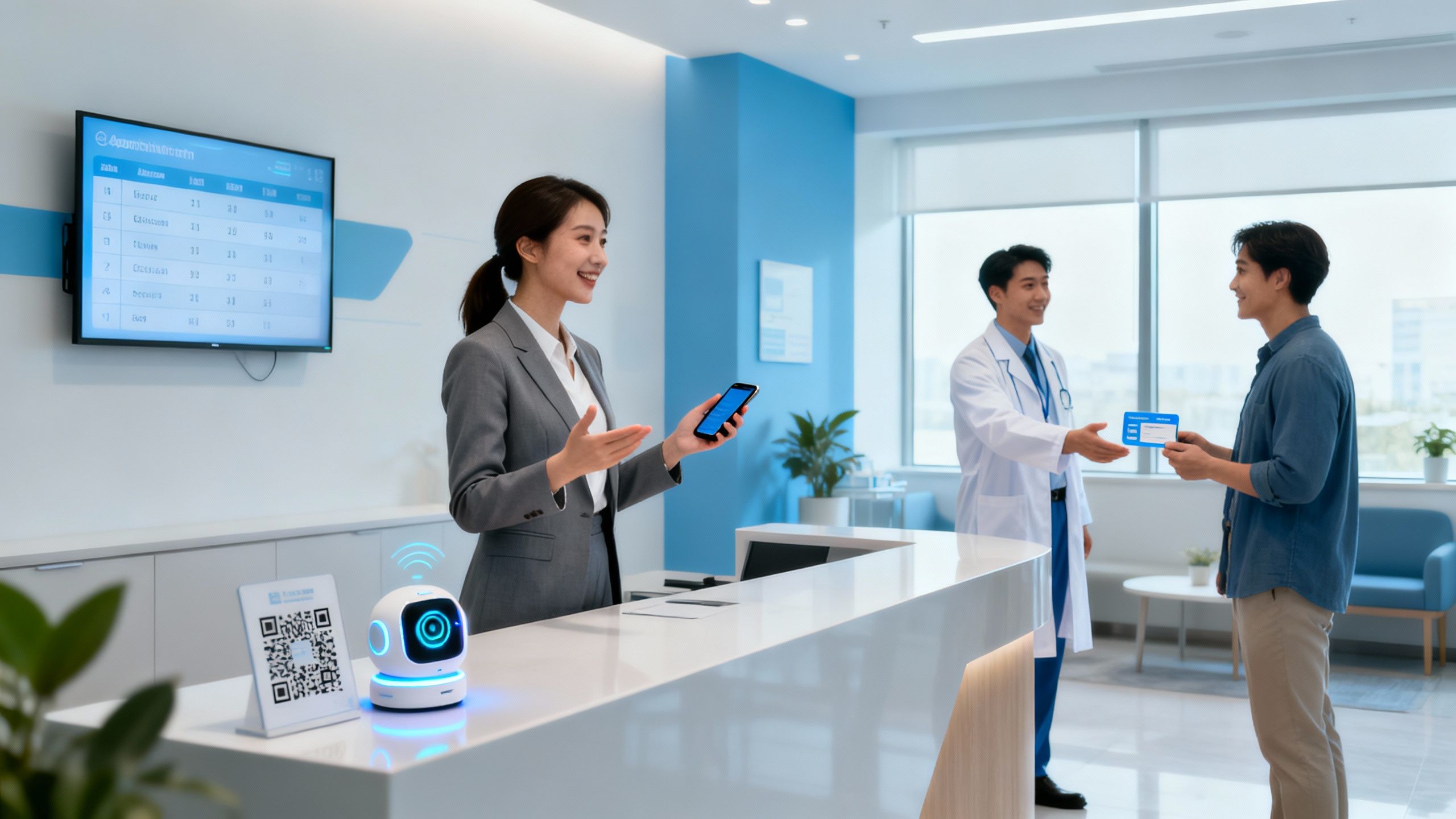 Clinic receptionist using a smartphone for patient interaction.
