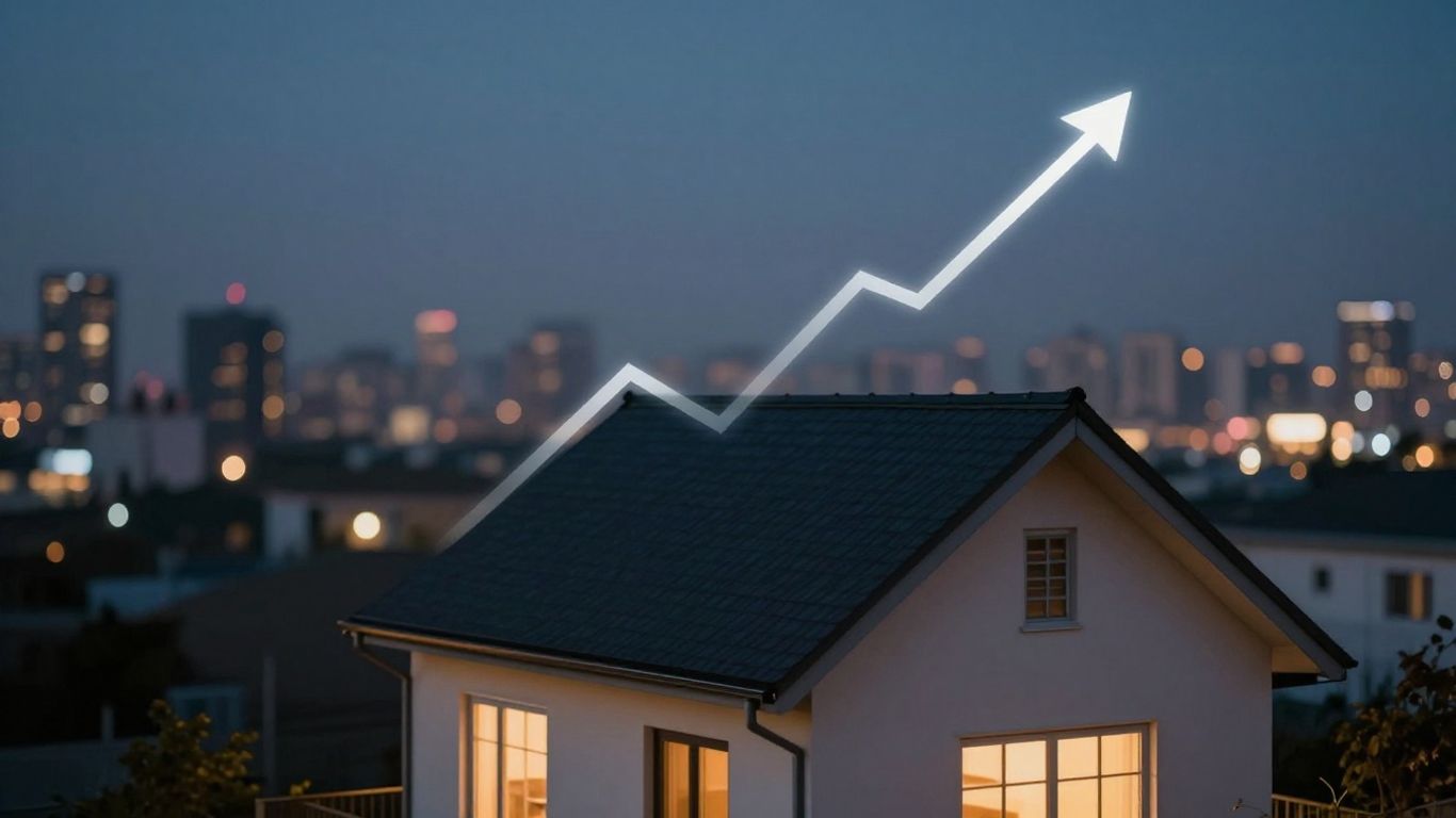 House with upward trend line, dusk cityscape background.