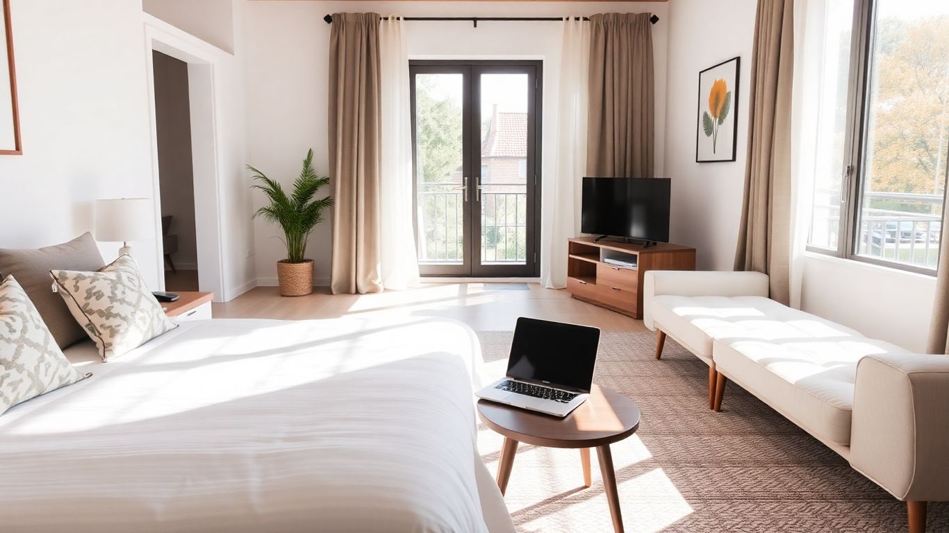 Modern Airbnb interior with sunlight and decor.