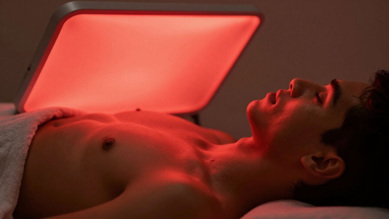 Person receiving red light therapy treatment.