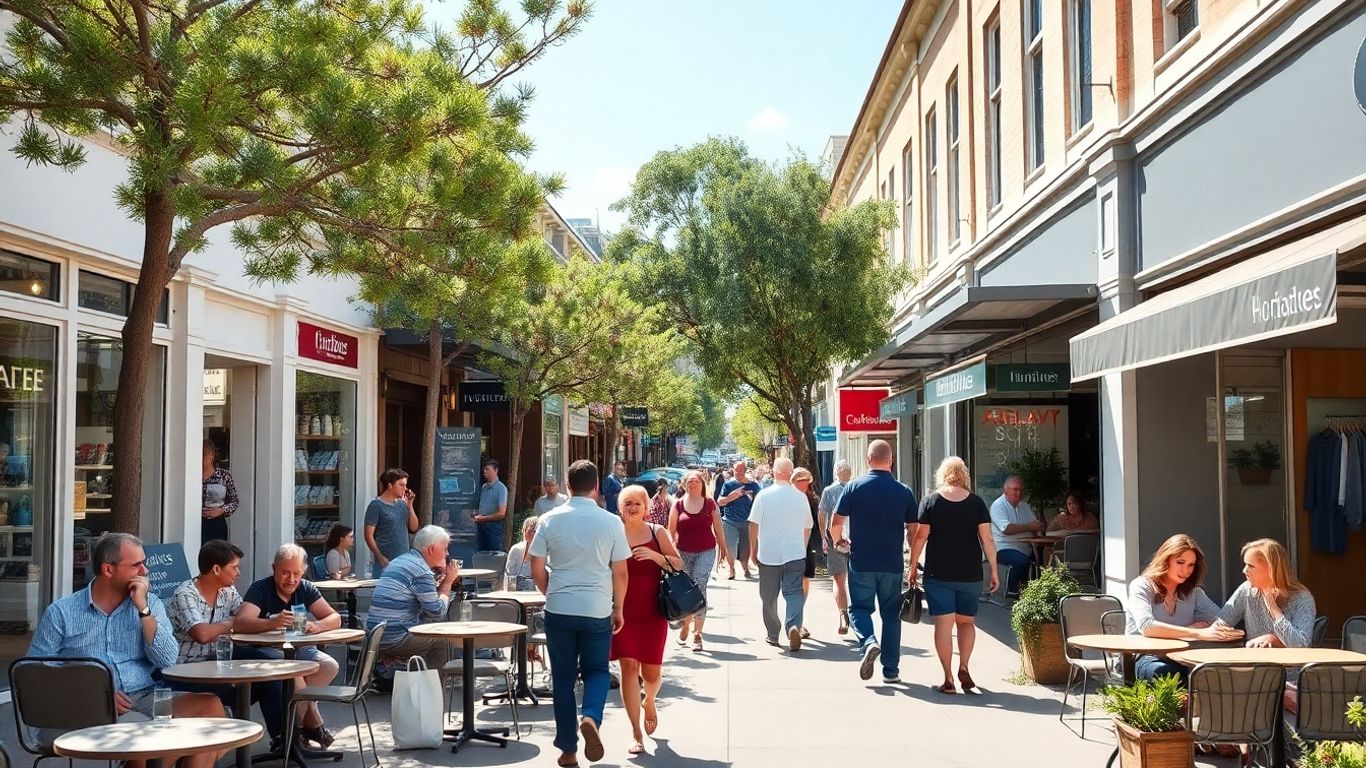 Busy Australian café street with small shops and people