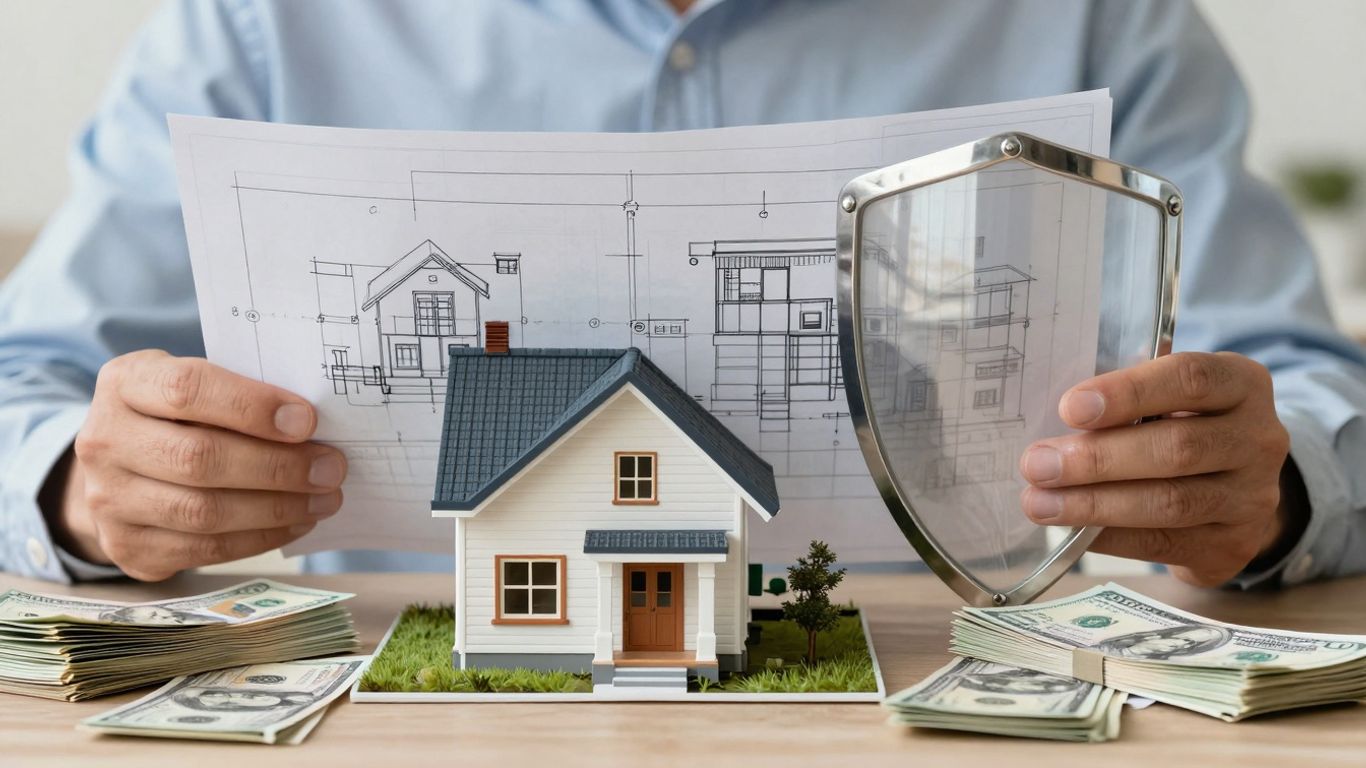 Persona calculando seguro de hogar con dinero y escudo protector.