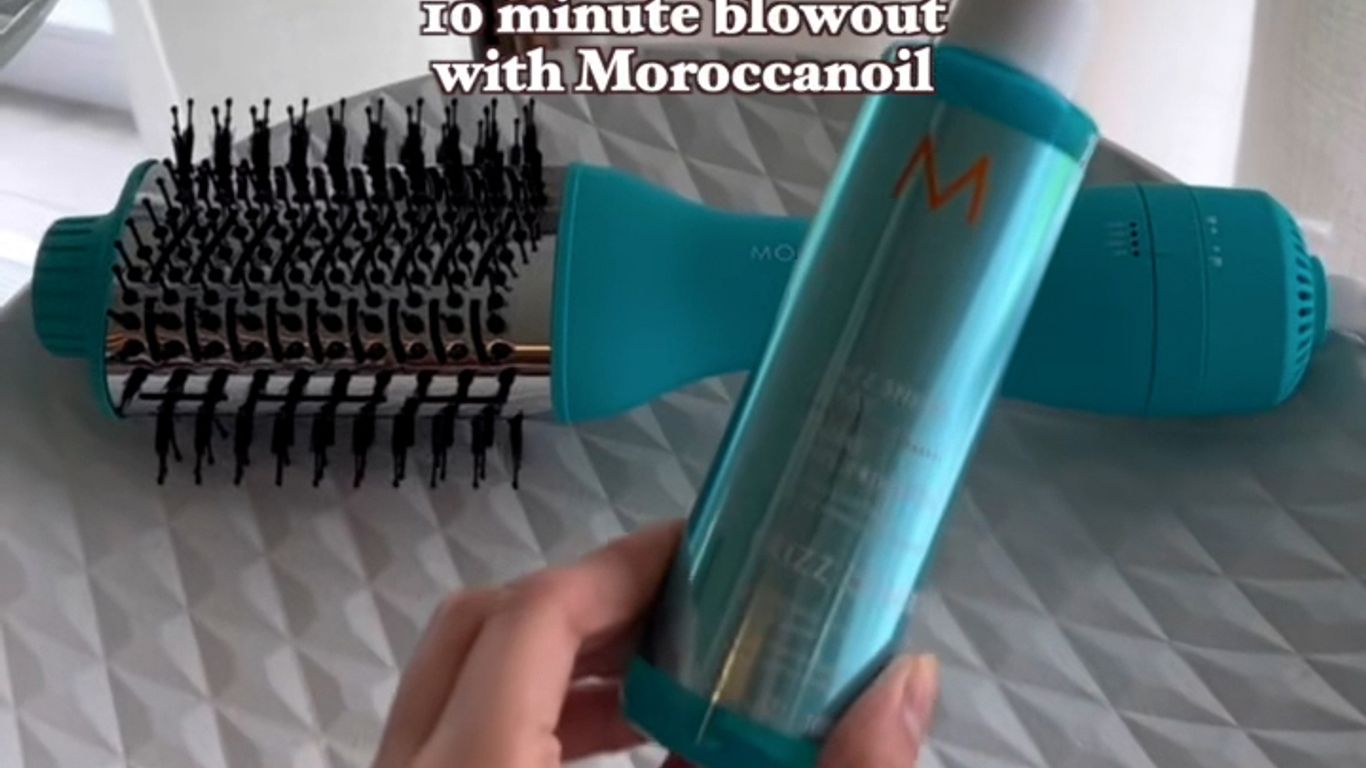 Haircare products with text overlay suggesting a quick styling routine.