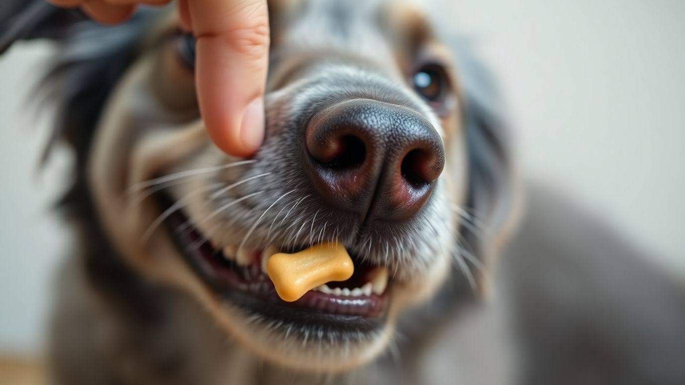 Senior dog happily eating a soft training treat.