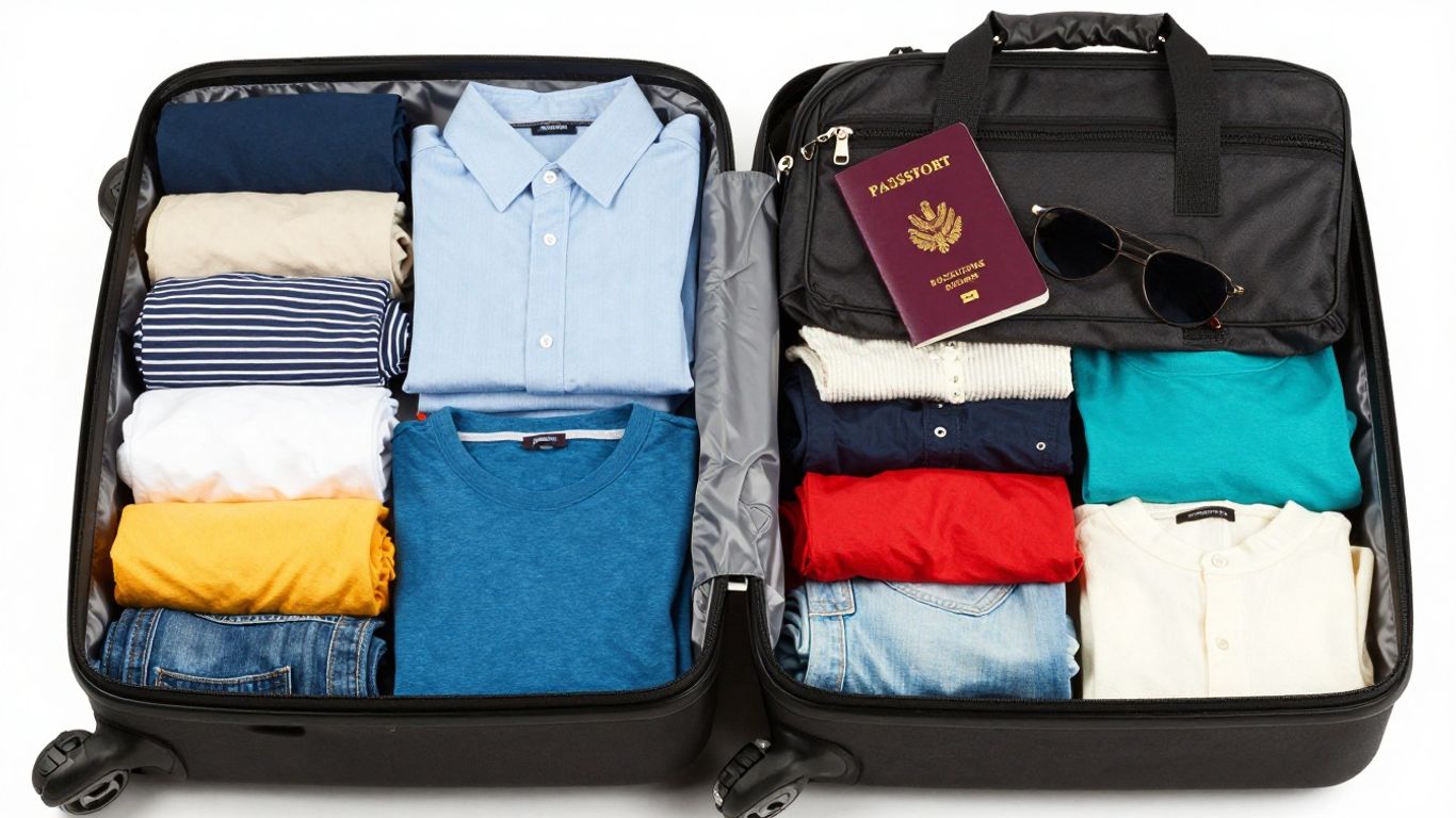Rolled vs. folded clothes in a suitcase for travel.