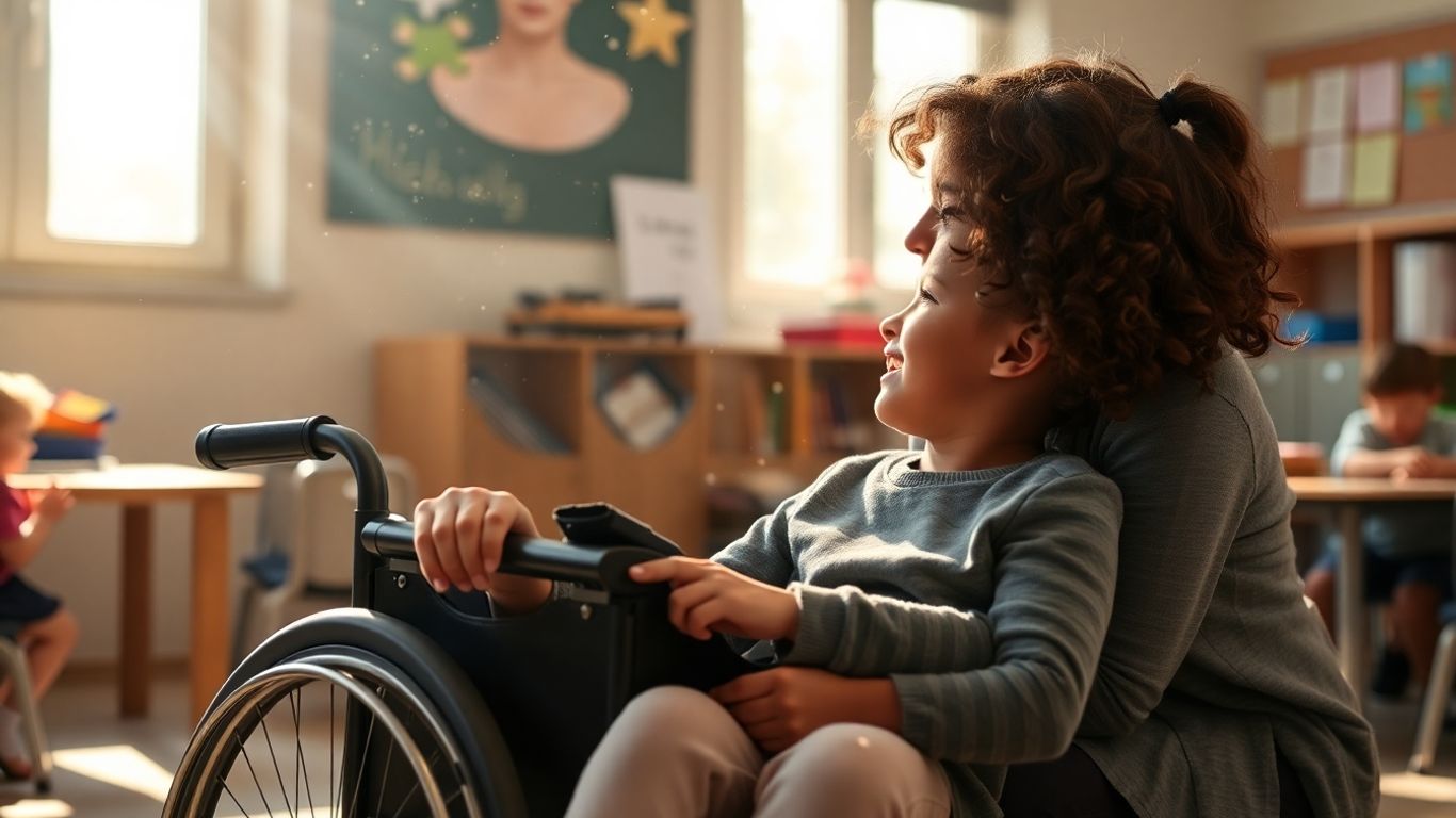 Enfants et enseignants dans une salle de classe inclusive.