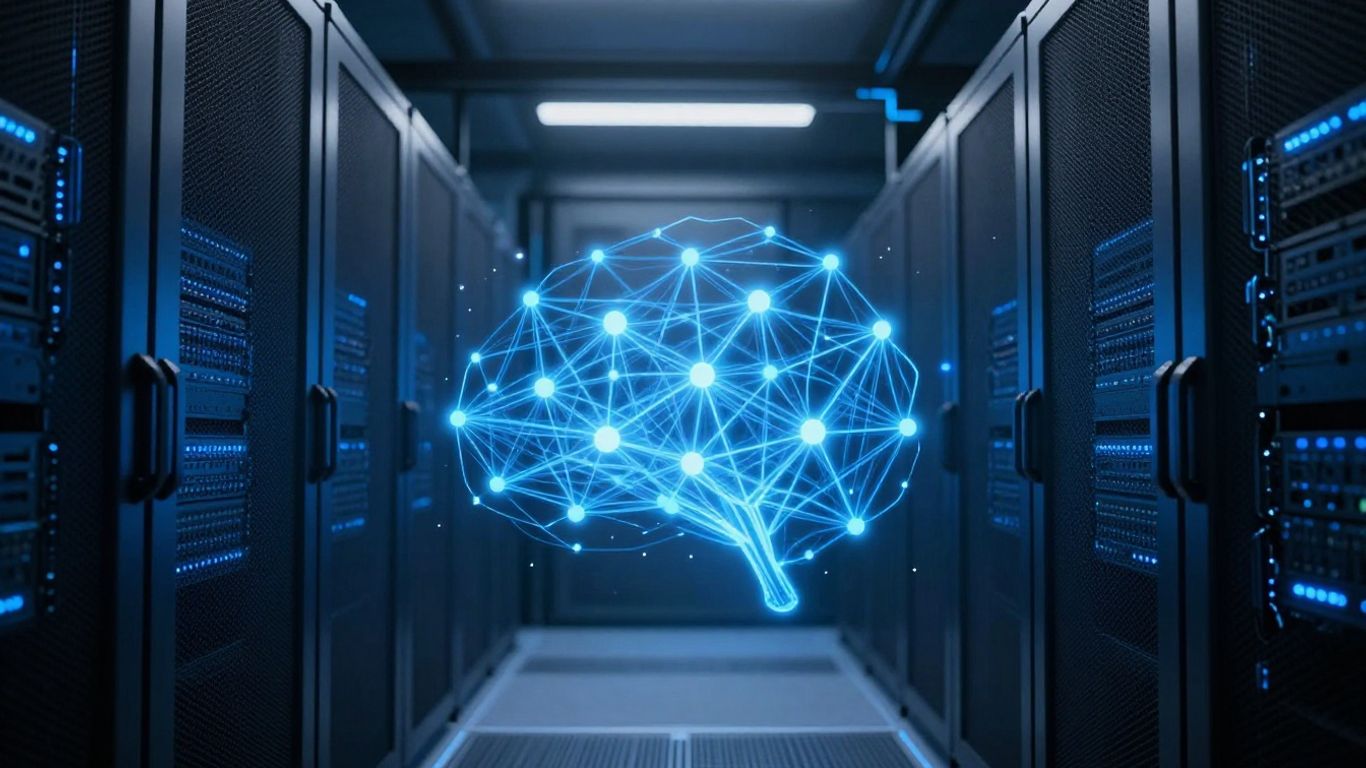 Logo de Mistral AI et un réseau neuronal abstrait.