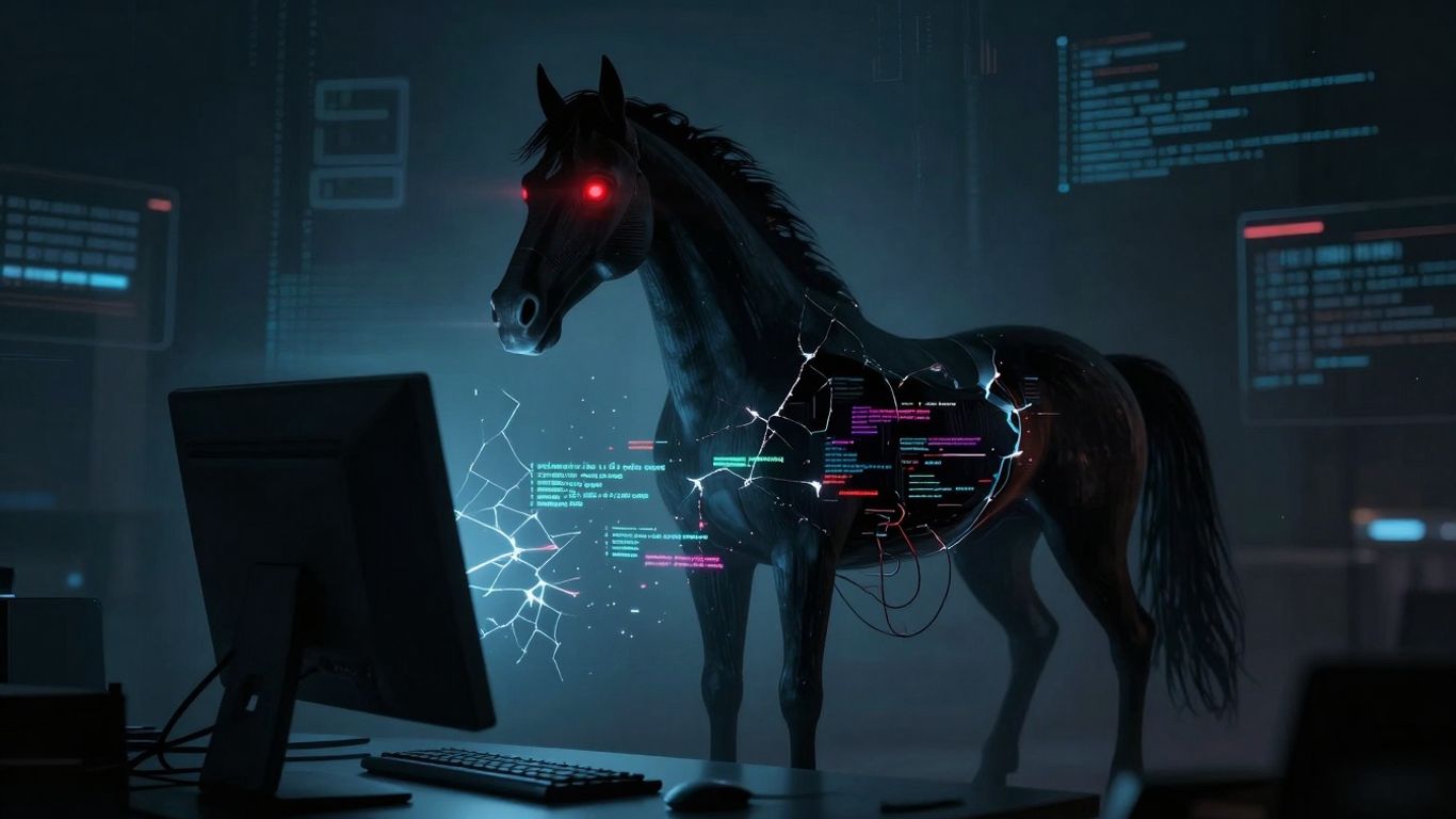 Digital Trojan horse emerging from a cracked computer screen.