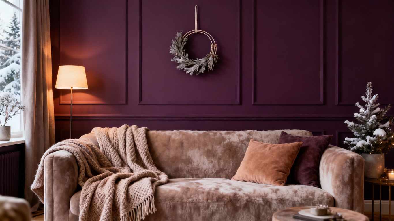 Cozy winter living room with warm, deep-toned walls.
