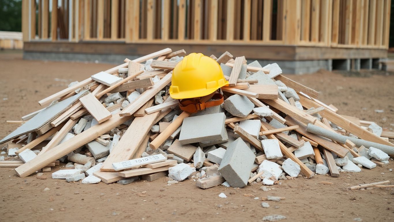 Construction debris pile with wood, concrete, and drywall.