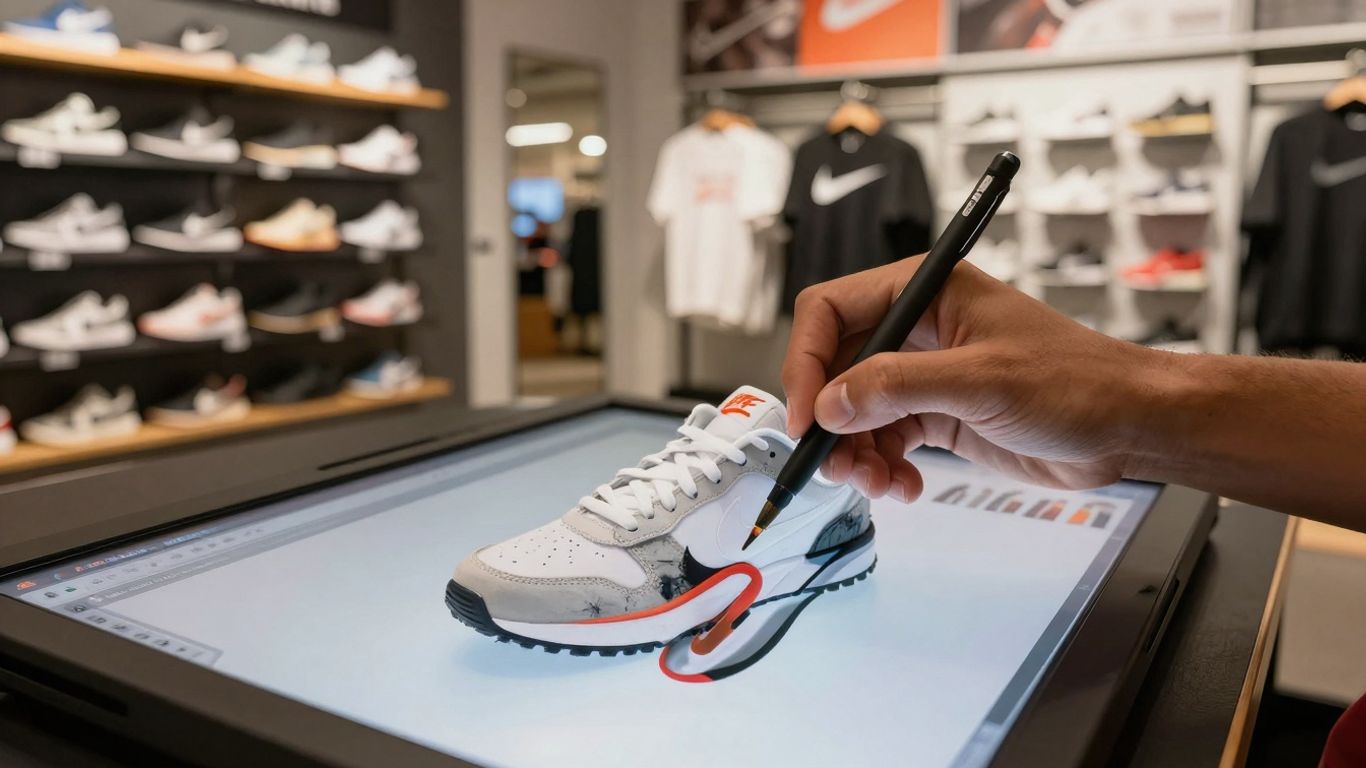 Hands designing custom Nike sneakers in a store.