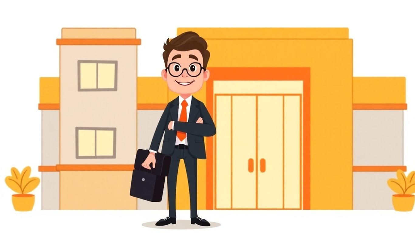 Cartoon businessman with money and building.