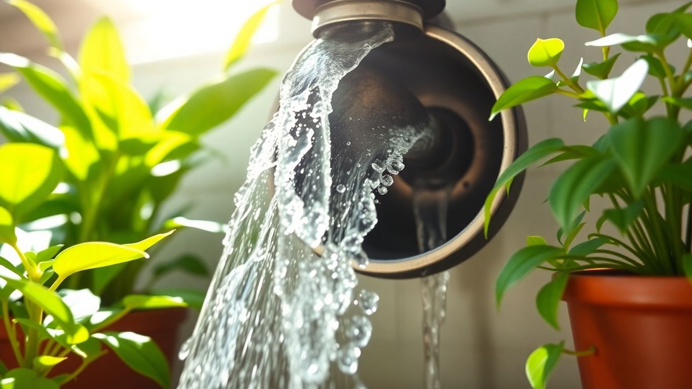 Clean drain pipe with flowing water and plants.