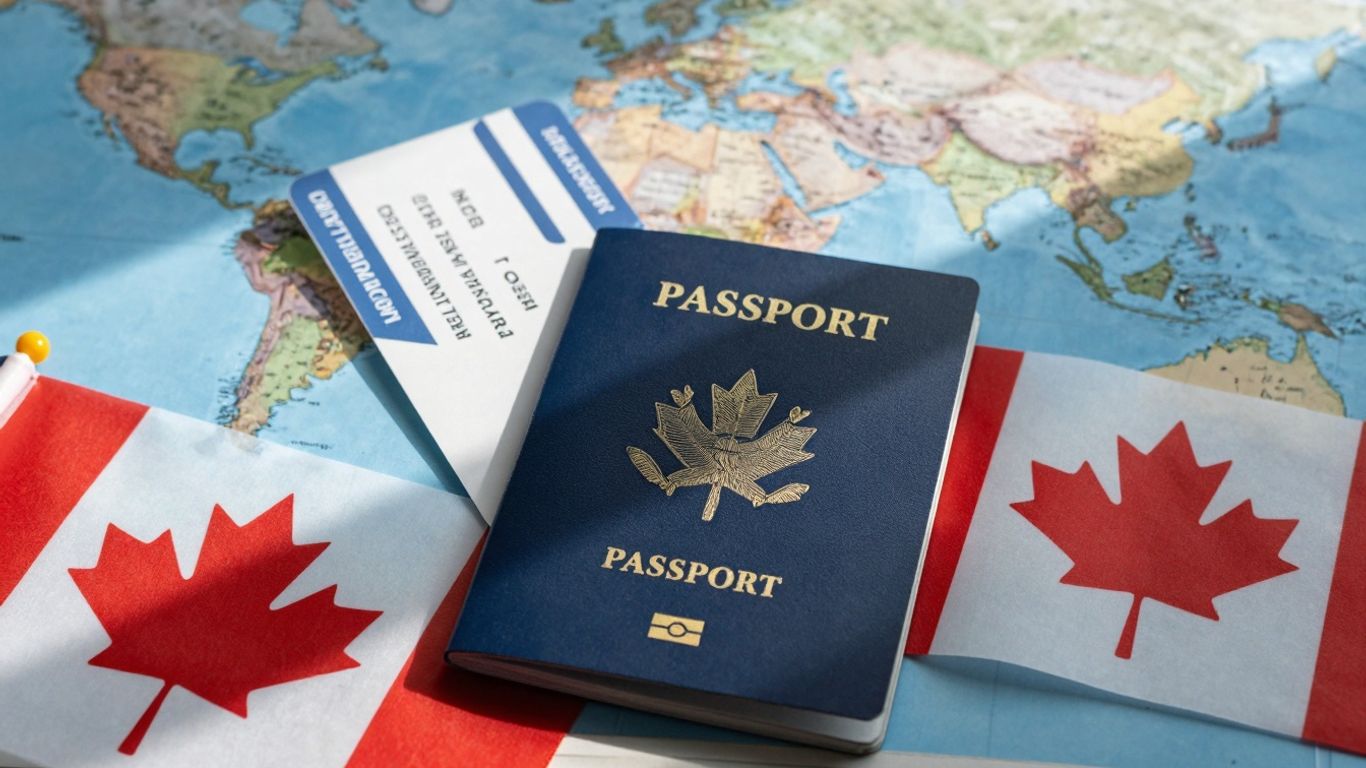 Canadian travel insurance documents and flag on map.