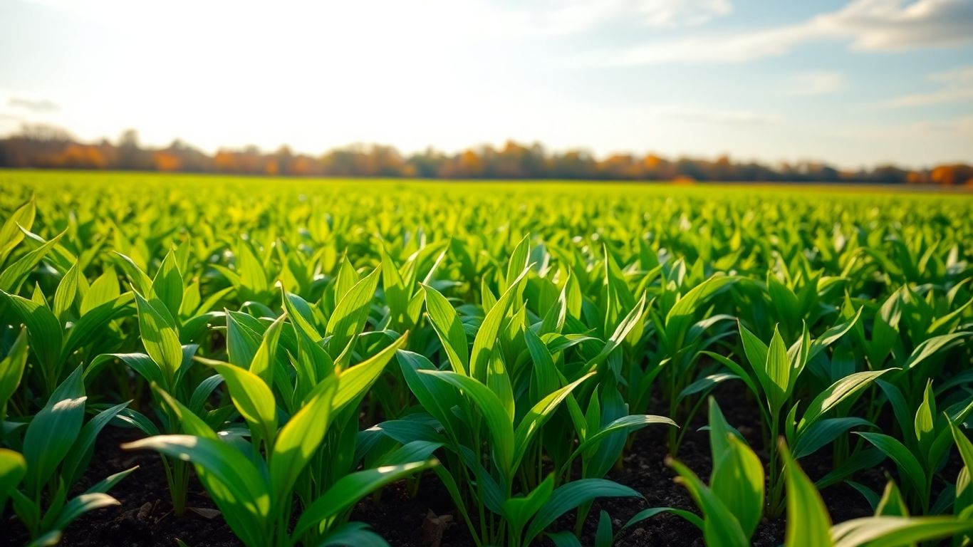 Grünes Feld mit Pflanzen im Herbst
