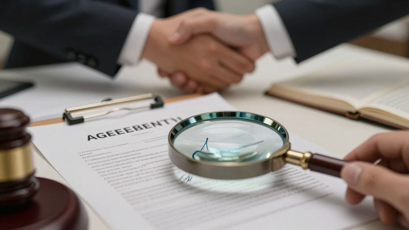 Document juridic și lupă pe semnătură.