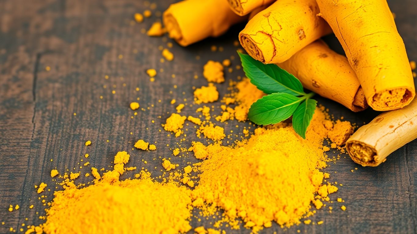 Bright yellow turmeric powder and roots on wood.