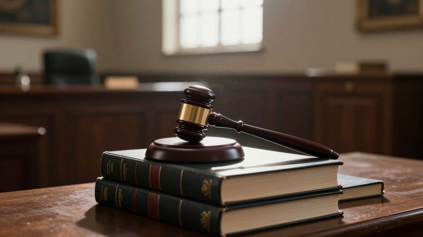 Gavel on books in a courtroom.