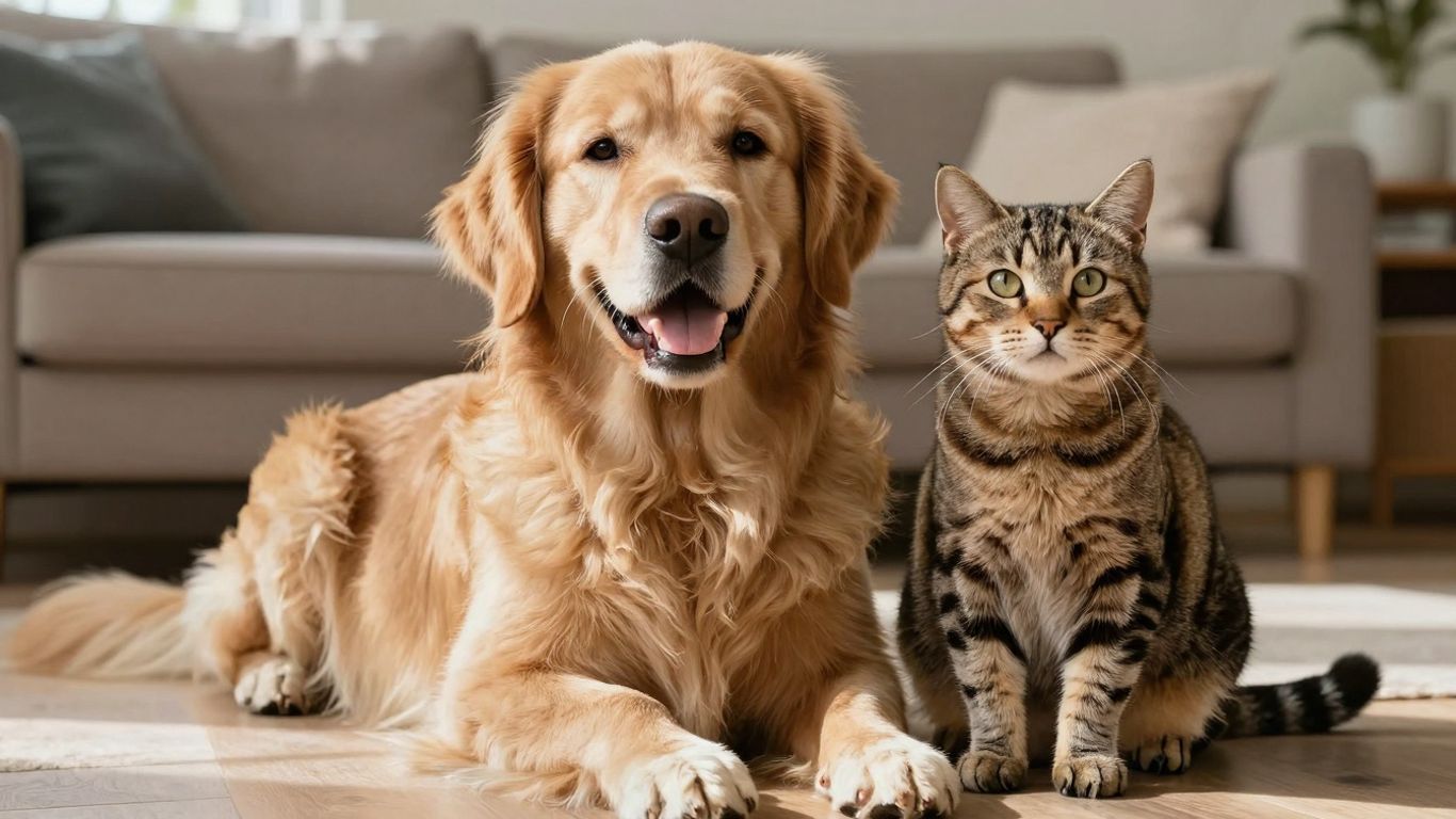 Happy dog and cat in a home